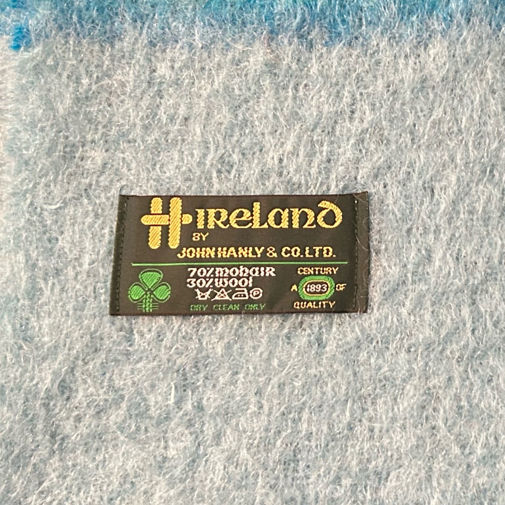 John Hanly & Co Mohair Throw/Wrap in Aqua/Green Block Check - Picture 4 of 4
